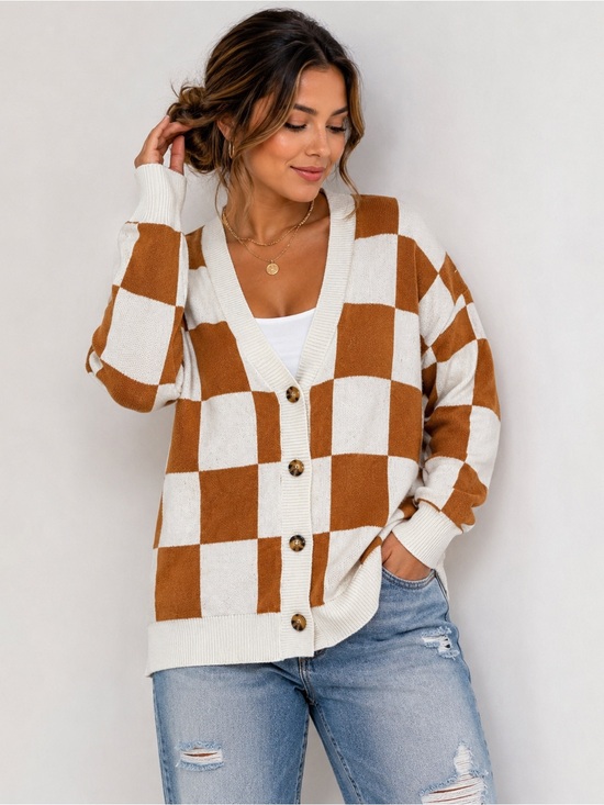 Sweaters - Oversized Medium Brown Cream Buffalo Plaid Knit Cardigan Sweater